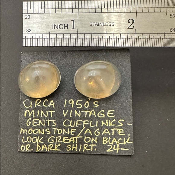 Vintage 1950’s Cuff Links Set Pair Moonstone Agate Classic Accessory Oval Shape - Picture 3 of 7